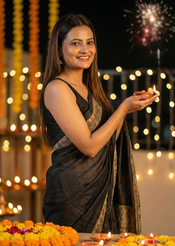 Hand-Painted Madhubani Saree with Elephant and Fish Motifs