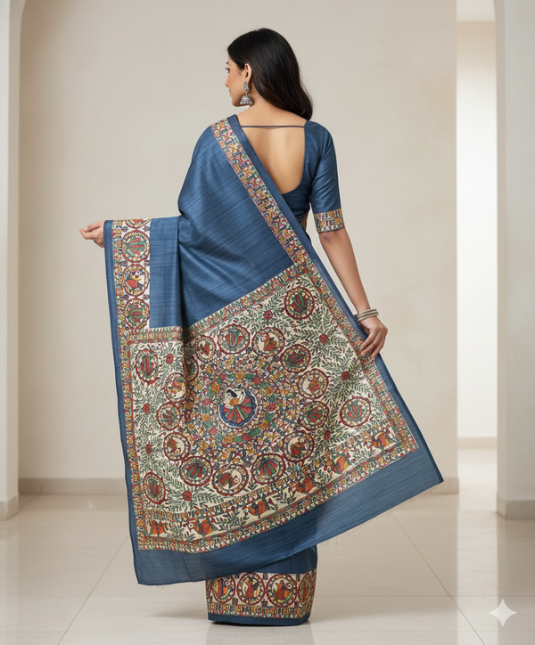 Hand-Painted Madhubani Saree with Mandala and Bird Motifs