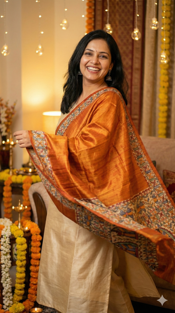 Hand-Painted Madhubani Women & Floral Motif Rust Tussar Ghicha Silk Dupatta