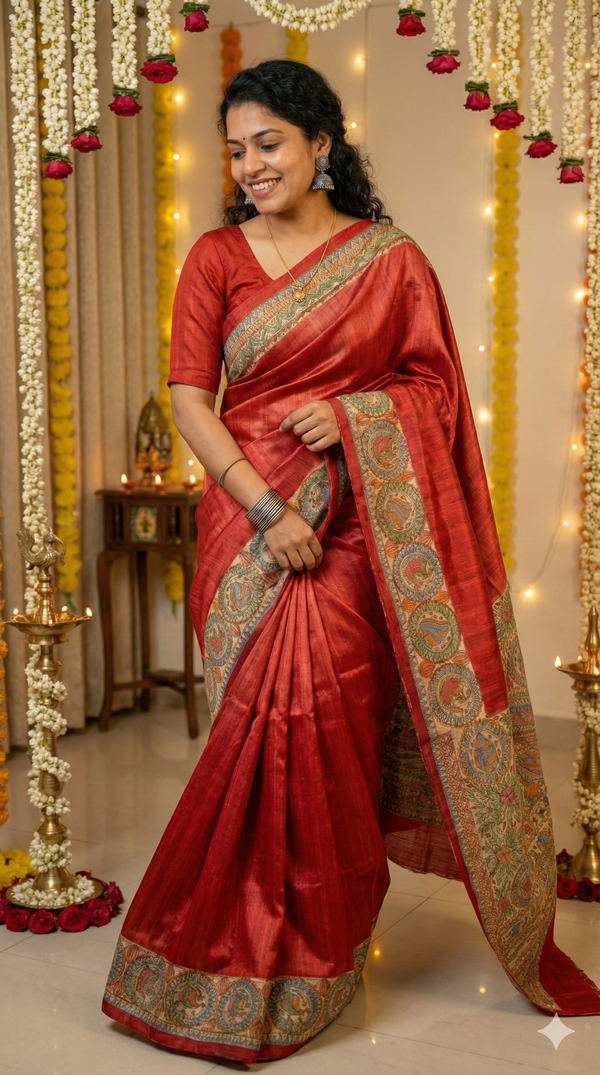 Hand-Painted Madhubani Saree with Bird Medallion and Floral Vine Motifs