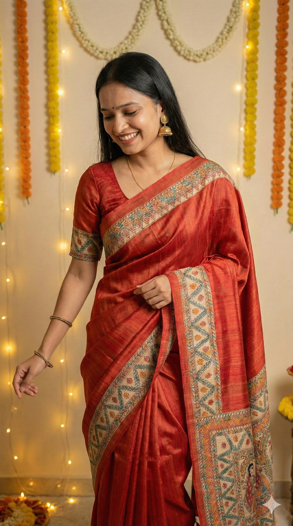 Hand-Painted Madhubani painting saree with Radha–Krishna and floral border motifs