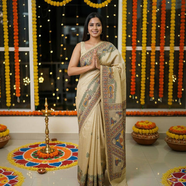 Hand-Painted Madhubani Saree with Peacock and Bird Motifs