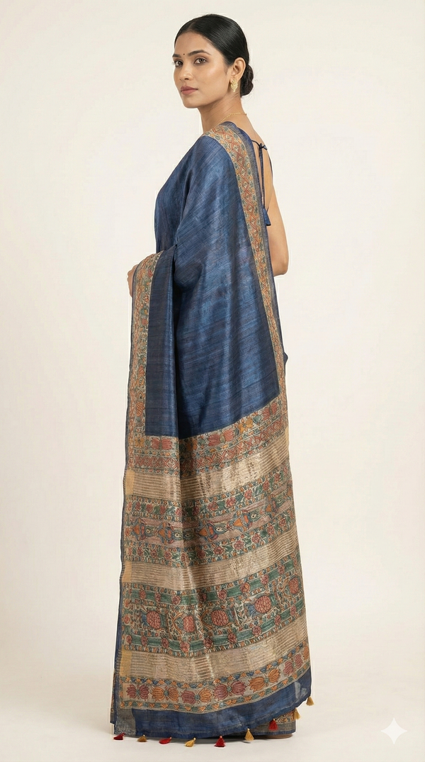 Hand-Painted Madhubani Saree with Floral and Bird Border Motifs