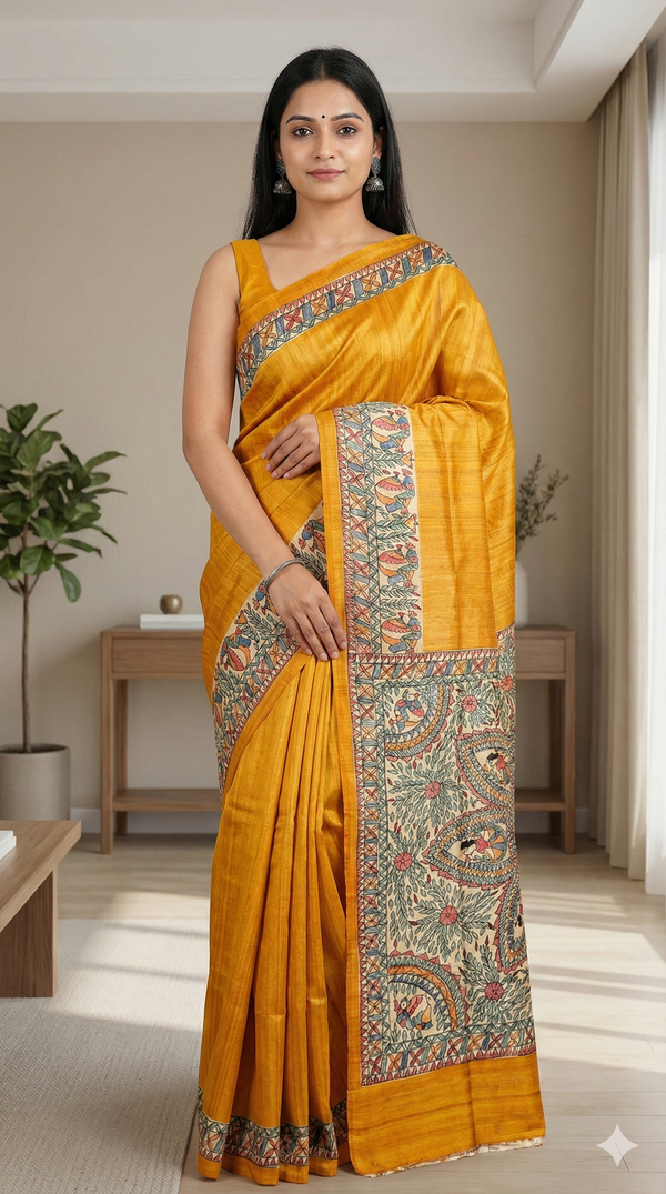 Hand-Painted Madhubani Saree with Floral Mandala and Bird Motifs