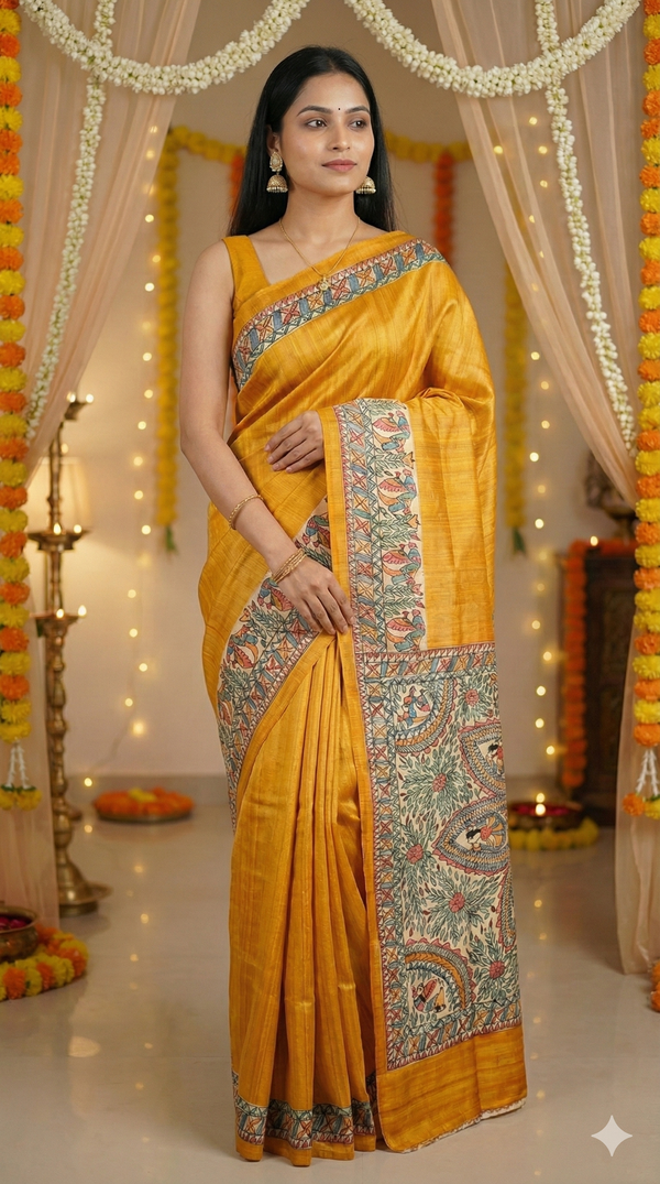 Hand-Painted Madhubani Saree with Floral Mandala and Bird Motifs