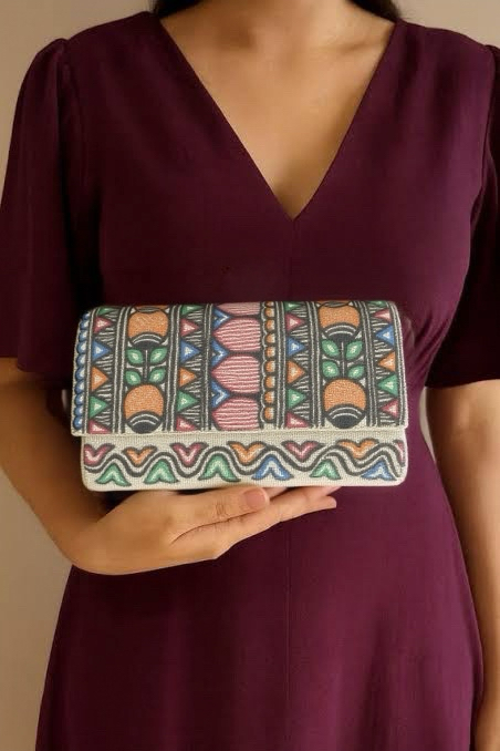 Madhubani Painted Handmade Rectangular Clutch Bag