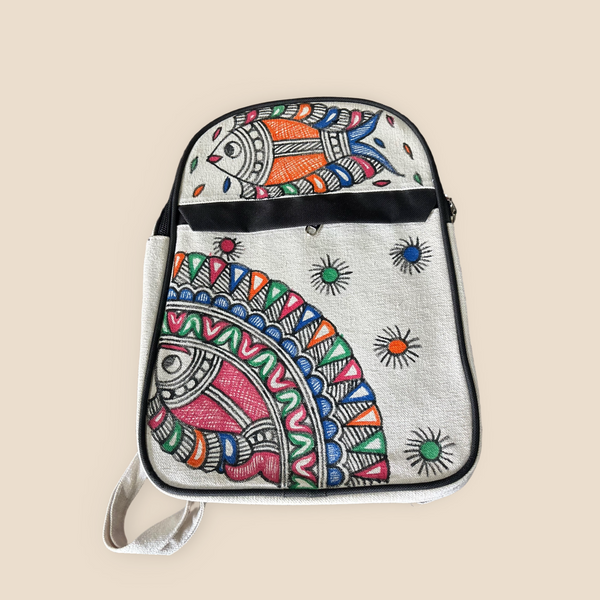 Madhubani Painted Handmade Backpack (with Fish Motifs)