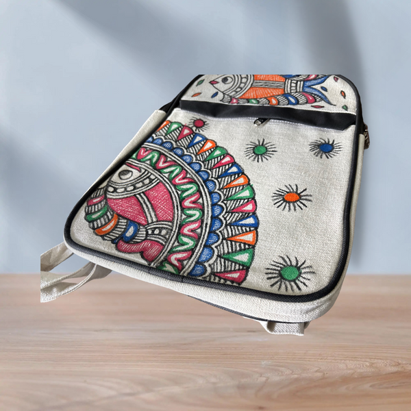 Madhubani Painted Handmade Backpack (with Fish Motifs)
