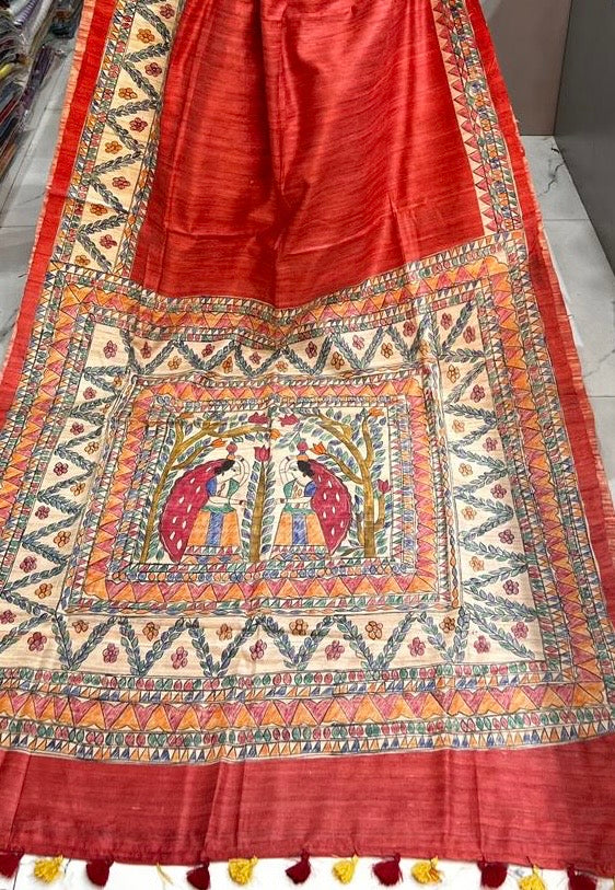Hand-Painted Madhubani painting saree with Radha–Krishna and floral border motifs