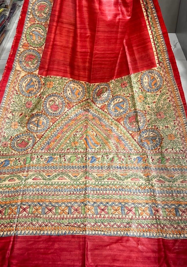 Hand-Painted Madhubani Saree with Bird Medallion and Floral Vine Motifs