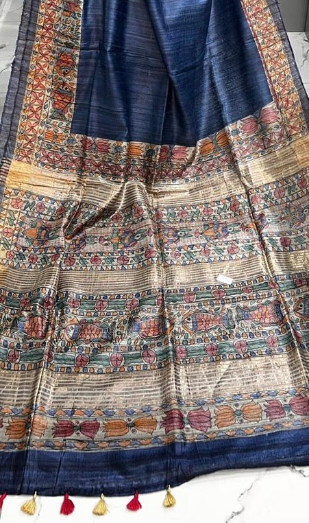 Hand-Painted Madhubani Saree with Floral and Bird Border Motifs