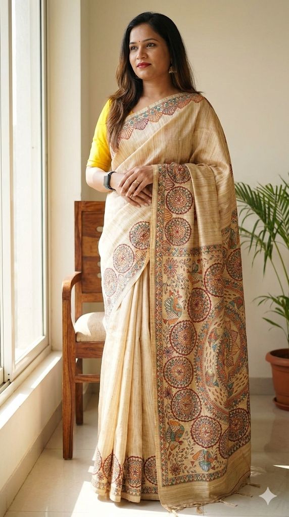 Hand-Painted Madhubani Saree with Mandala and Floral Motifs