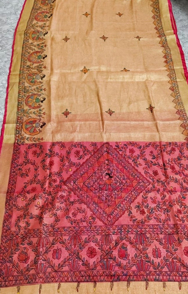 Hand-Painted Madhubani Saree with Central Figurative Motif and Floral Borders