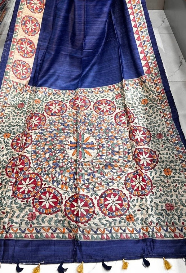 Hand-Painted Madhubani Saree with Mandala and Floral Medallion Motifs