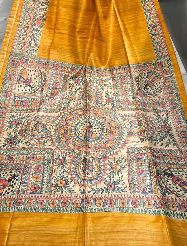 Hand-Painted Madhubani Saree with Peacock, Floral, and Geometric Motifs