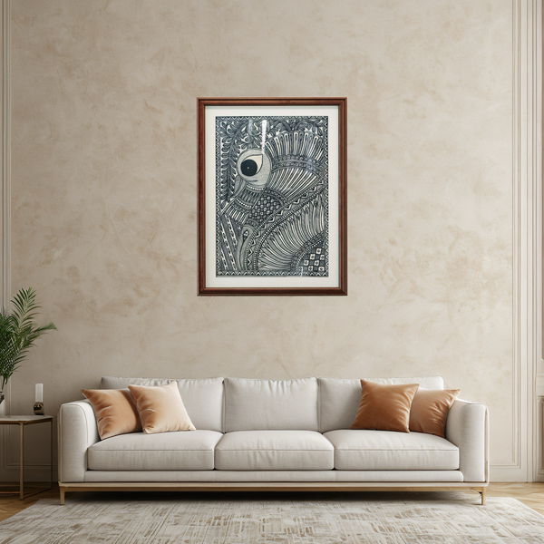 Mor Nritya Monochrome Madhubani Painting