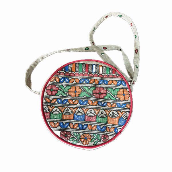 Madhubani painting round sling handbag with full work