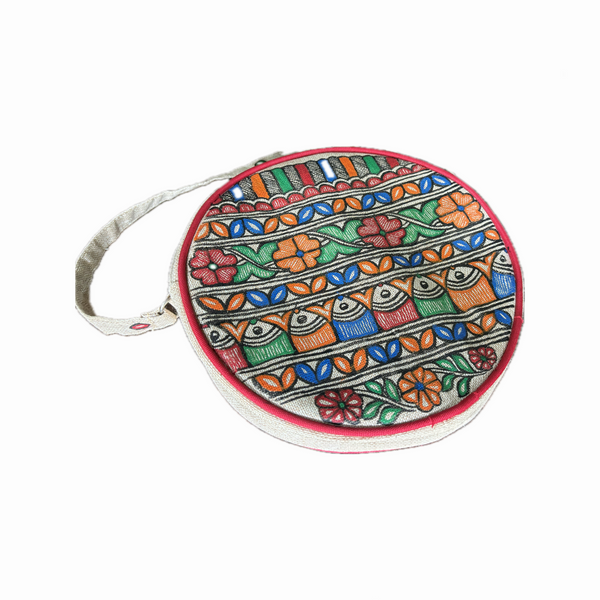 Madhubani painting round sling handbag with full work