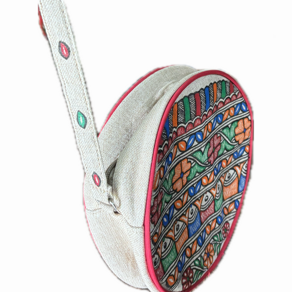 Madhubani painting round sling handbag with full work