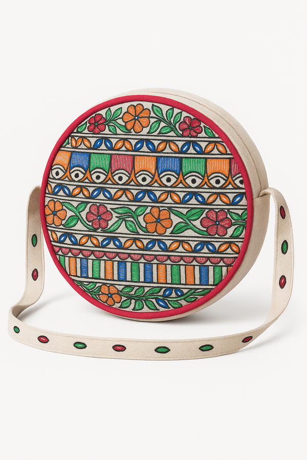 Madhubani painting round sling handbag with full work
