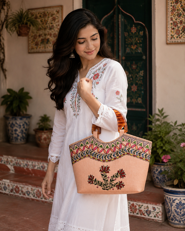 Madhubani Painted handmadeTote Bag with wooden Handle