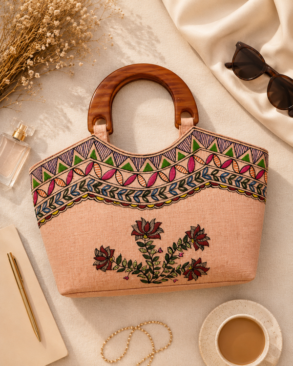 Madhubani Painted handmadeTote Bag with wooden Handle