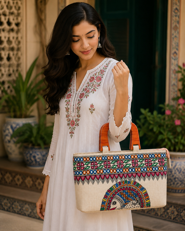 wooden Handle Madhubani Bag