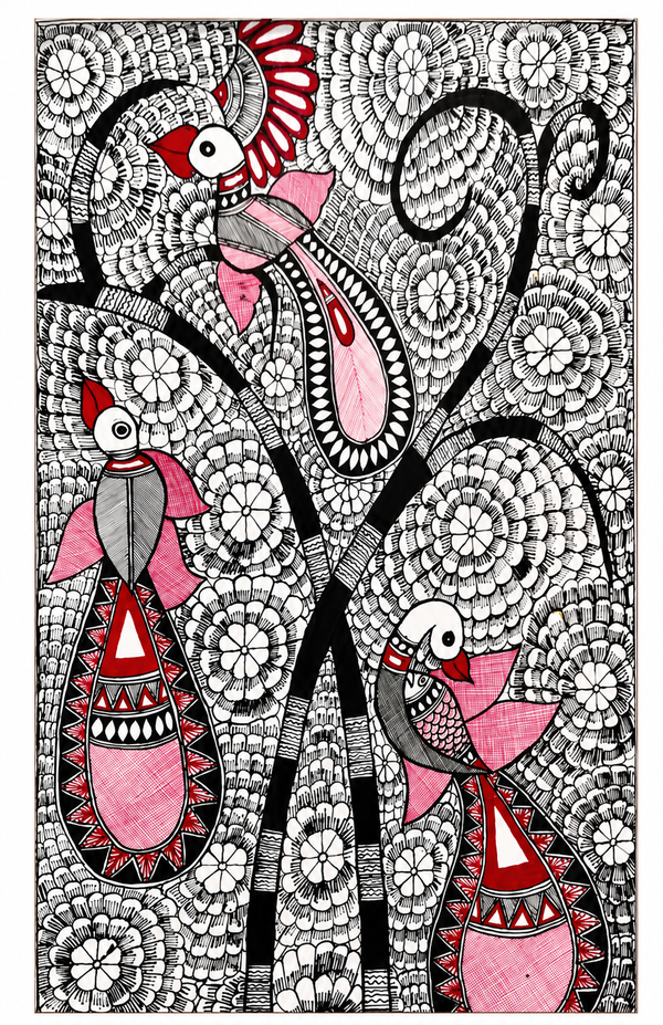 Handmade Madhubani Birds on Tree Painting
