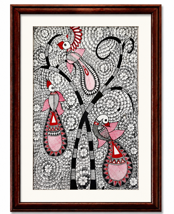 Handmade Madhubani Birds on Tree Painting
