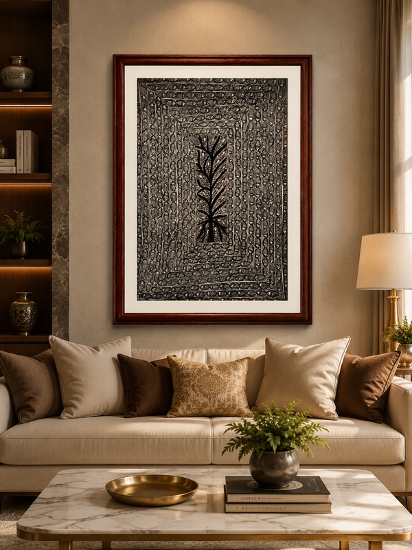 Handmade Madhubani Tree of Life & Fish Painting
