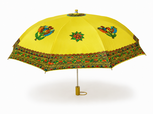 Hand-Painted Madhubani Love Birds Umbrella – Yellow | Traditional Mithila Art Waterproof Umbrella