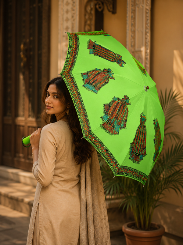 Hand-Painted Madhubani Maithil Women Umbrella – Lime Green | Traditional Mithila Art Waterproof Umbrella