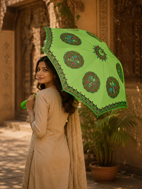 Hand-Painted Madhubani Folk Musician Umbrella – Lime Green | Traditional Mithila Art Waterproof Umbrella