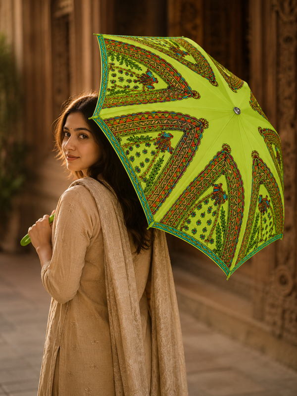 Hand-Painted Madhubani Peacock Umbrella – Lime Green | Traditional Mithila Art Waterproof Foldable Umbrella