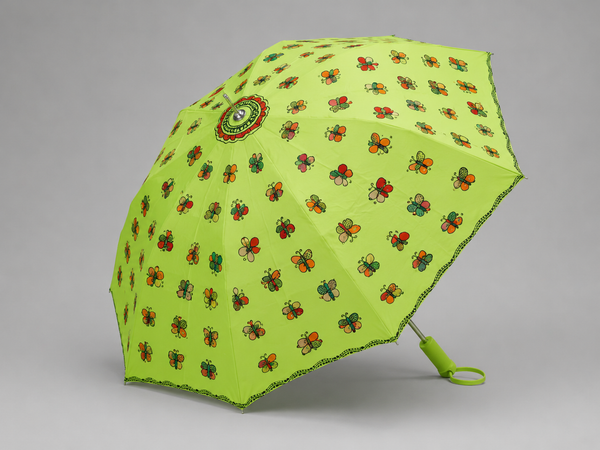 Hand-Painted Madhubani Butterfly Umbrella – Lime Green | Waterproof Foldable Folk Art Umbrella