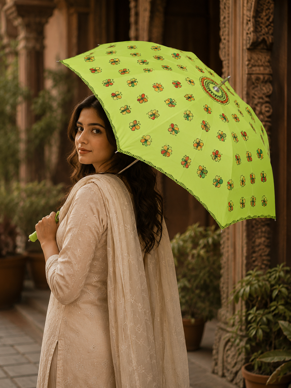 Hand-Painted Madhubani Butterfly Umbrella – Lime Green | Waterproof Foldable Folk Art Umbrella