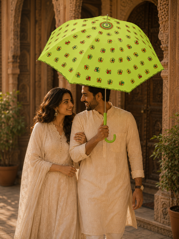 Hand-Painted Madhubani Butterfly Umbrella – Lime Green | Waterproof Foldable Folk Art Umbrella