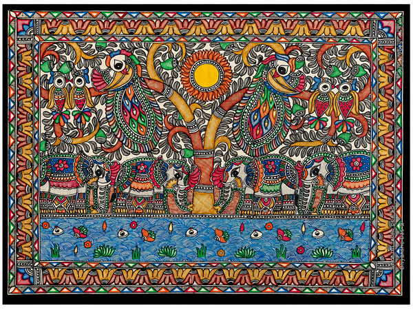 Handmade Madhubani Tree of Life with Birds & Elephants Painting