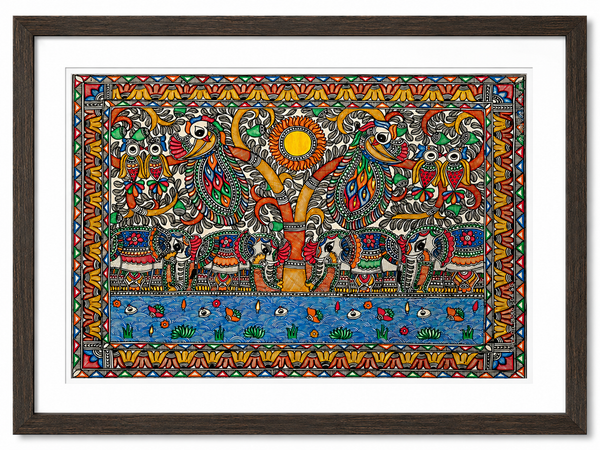 Handmade Madhubani Tree of Life with Birds & Elephants Painting