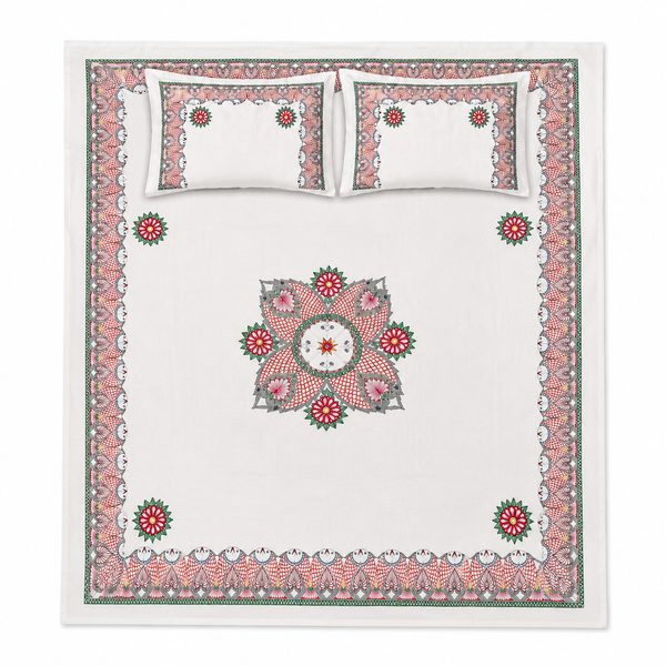 Luxury Hand-Painted Madhubani Bedsheet with Matching Pillow Covers