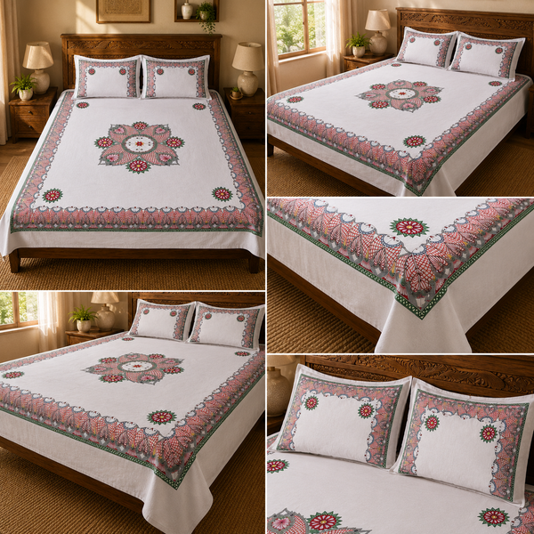 Luxury Hand-Painted Madhubani Bedsheet with Matching Pillow Covers