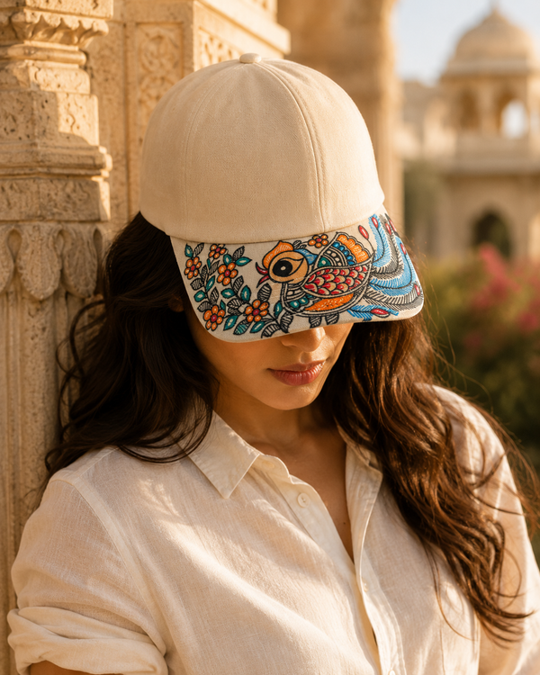 Luxury Unisex Hand-Painted Madhubani Bird Art Cap