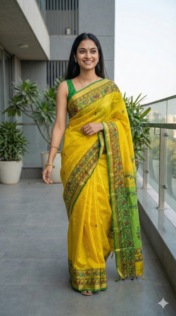 Hand-Painted Madhubani Saree with Fish, Floral Vines, and Geometric Border Motifs