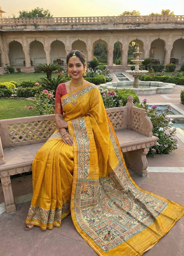 Hand-Painted Madhubani Saree with Peacock, Floral, and Geometric Motifs