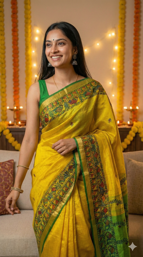 Hand-Painted Madhubani Saree with Fish, Floral Vines, and Geometric Border Motifs