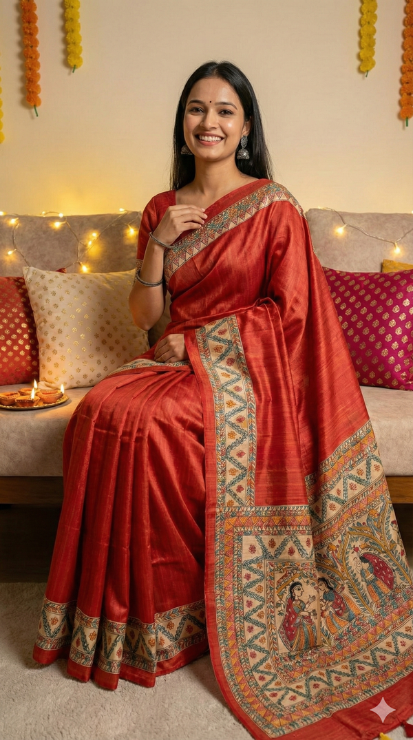 Hand-Painted Madhubani painting saree with Radha–Krishna and floral border motifs