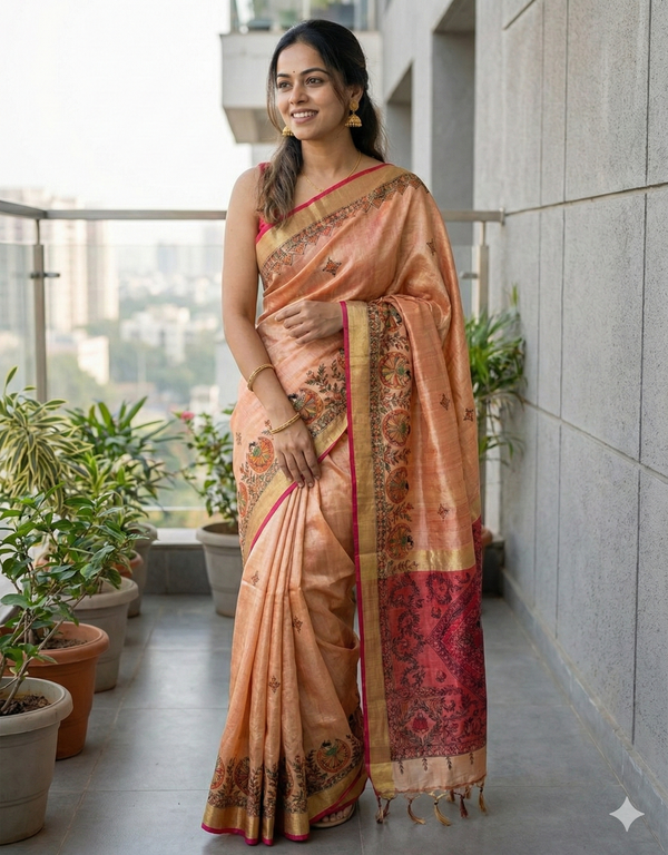 Hand-Painted Madhubani Saree with Central Figurative Motif and Floral Borders