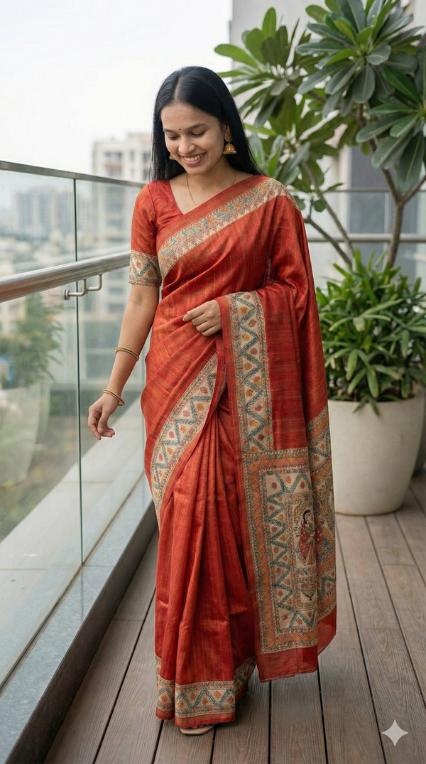 Hand-Painted Madhubani painting saree with Radha–Krishna and floral border motifs