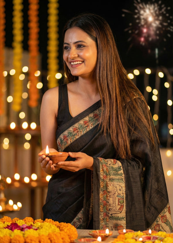 Hand-Painted Madhubani Saree with Elephant and Fish Motifs