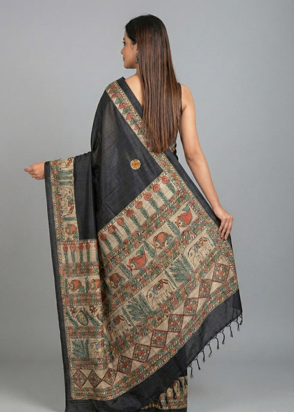 Hand-Painted Madhubani Saree with Elephant and Fish Motifs